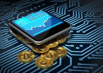 64303519 - concept of digital wallet and bitcoins on printed circuit board. gold bitcoins spill out of the curved smartphone. 3d illustration.
