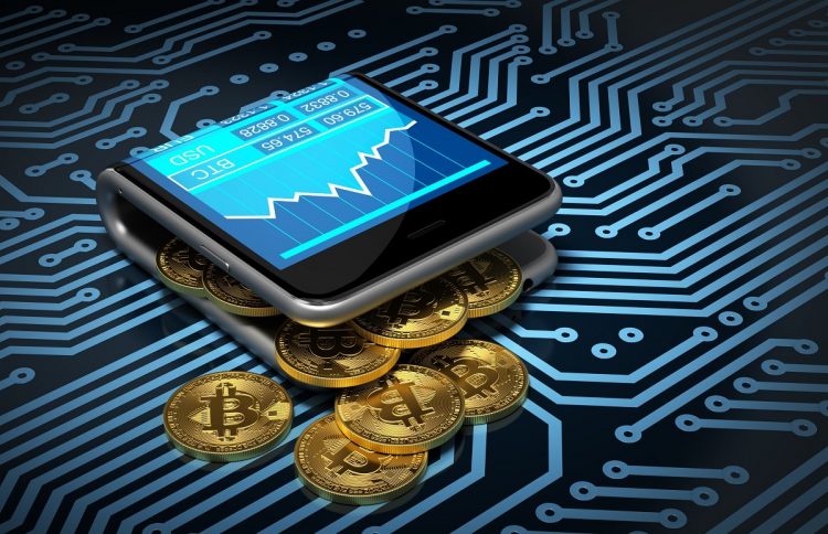 64303519 - concept of digital wallet and bitcoins on printed circuit board. gold bitcoins spill out of the curved smartphone. 3d illustration.